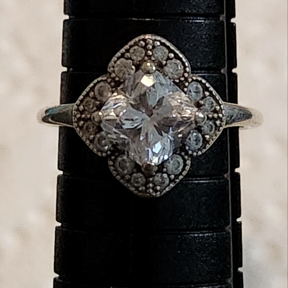 925 Pandora, Princess Cut Vintage. Size 6.75 CZ Cocktail Ring. Sterling Silver.